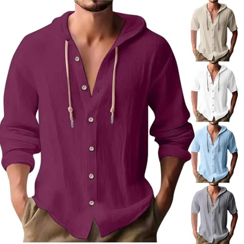 BAWUTZ Herren Langarm Leinen Hemden, Sommer Knopf Up Hawaii Hemden, Kapuze V Ausschnitt Knopf Up Hoodies, Langarm Kapuzenpullover, Casual Urlaub Hawaiian Beach Yoga Hippie Hemden (Purple,XL) von BAWUTZ