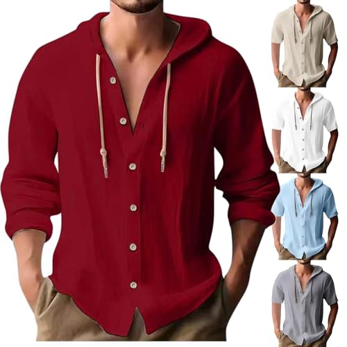 BAWUTZ Herren Langarm Leinen Hemden, Sommer Knopf Up Hawaii Hemden, Kapuze V Ausschnitt Knopf Up Hoodies, Langarm Kapuzenpullover, Casual Urlaub Hawaiian Beach Yoga Hippie Hemden (Red,L) von BAWUTZ