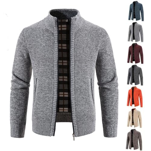 BAWUTZ Herren Strickjacke mit Reissverschluss,Warm Casual Stehkragen Strickjacke,Dicker Pullover ohne Kapuze Stehkragen,Wintermantel Cardigan mit Reißverschluß Street Style Winterjacke (Hellgrau,XL) von BAWUTZ