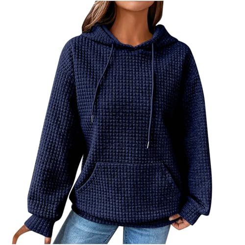 BAWUTZ Kapuzenpullover für Damen, lässige Kapuzenpullover für Damen, langärmelige Pullover-Oberteile mit Kordelzug und Waffelmuster,modische Sweatshirts, Herbstkleidung mit Tasche (Blue,4XL) von BAWUTZ