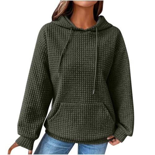 BAWUTZ Kapuzenpullover für Damen, lässige Kapuzenpullover für Damen, langärmelige Pullover-Oberteile mit Kordelzug und Waffelmuster,modische Sweatshirts, Herbstkleidung mit Tasche (Green,S) von BAWUTZ