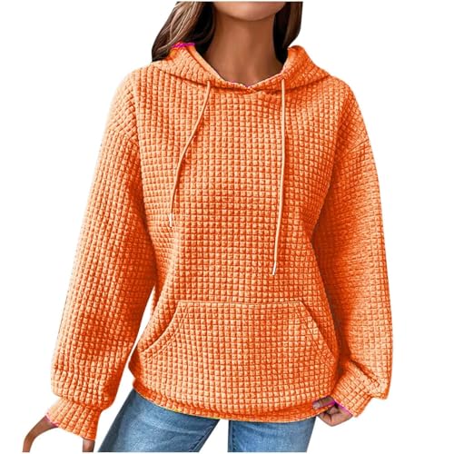 BAWUTZ Kapuzenpullover für Damen, lässige Kapuzenpullover für Damen, langärmelige Pullover-Oberteile mit Kordelzug und Waffelmuster,modische Sweatshirts, Herbstkleidung mit Tasche (Orange,XXL) von BAWUTZ