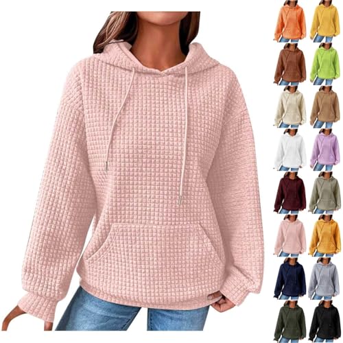 BAWUTZ Kapuzenpullover für Damen, lässige Kapuzenpullover für Damen, langärmelige Pullover-Oberteile mit Kordelzug und Waffelmuster,modische Sweatshirts, Herbstkleidung mit Tasche (Pink,S) von BAWUTZ