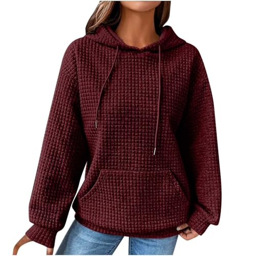 BAWUTZ Kapuzenpullover für Damen, lässige Kapuzenpullover für Damen, langärmelige Pullover-Oberteile mit Kordelzug und Waffelmuster,modische Sweatshirts, Herbstkleidung mit Tasche (Red,M) von BAWUTZ