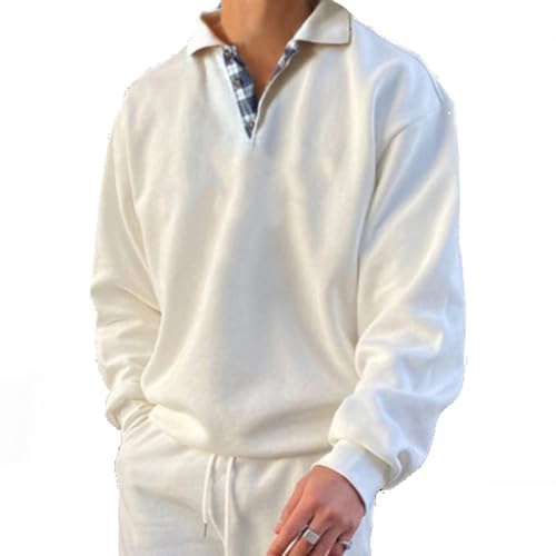 BAWUTZ Langärmliges, lockeres Sweatshirt mit V-Ausschnitt und Knöpfen für Herren, langärmlige Poloshirts für Herren, lässiger Pullover aus Baumwolle mit V-Ausschnitt und lockerer Passform (White,4XL) von BAWUTZ