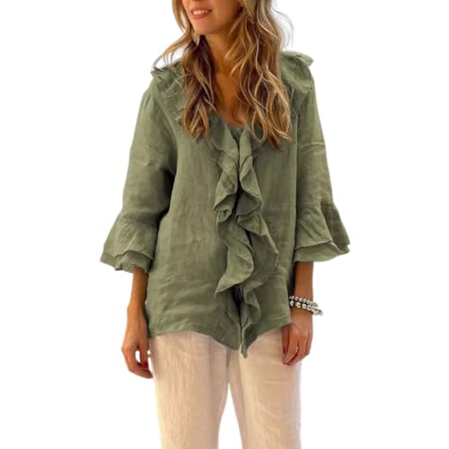 BAWUTZ Lange Rüschenärmel für Damen, Rüschenbluse mit V-Ausschnitt und Knopfleiste, Knöpfen und Rüschenärmeln und abgerundetem Saum, Elegante, lässige Bluse für Damen im Business-Stil (Green,L) von BAWUTZ