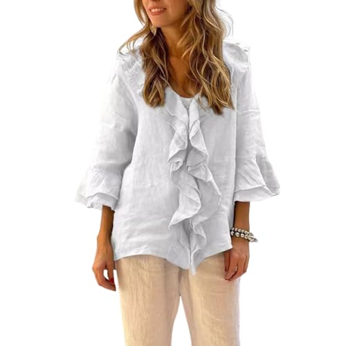 BAWUTZ Lange Rüschenärmel für Damen, Rüschenbluse mit V-Ausschnitt und Knopfleiste, Knöpfen und Rüschenärmeln und abgerundetem Saum, Elegante, lässige Bluse für Damen im Business-Stil (White,S) von BAWUTZ