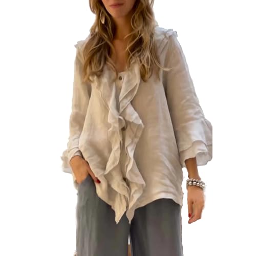 BAWUTZ Lange Rüschenärmel für Damen, Rüschenbluse mit V-Ausschnitt und Knopfleiste, Knöpfen und Rüschenärmeln und abgerundetem Saum, Elegante, lässige Bluse für Damen im Business-Stil (Khaki,S) von BAWUTZ