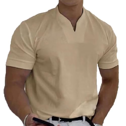 BAWUTZ Lockeres, lässiges Kurzarmoberteil, ärmellose Hemden für Herren, kurzärmliges Business-Fitness-T-Shirt für Herren, kurzärmliges Business-Fitness-T-Shirt mit V-Ausschnitt für Herren (Khaki,S) von BAWUTZ