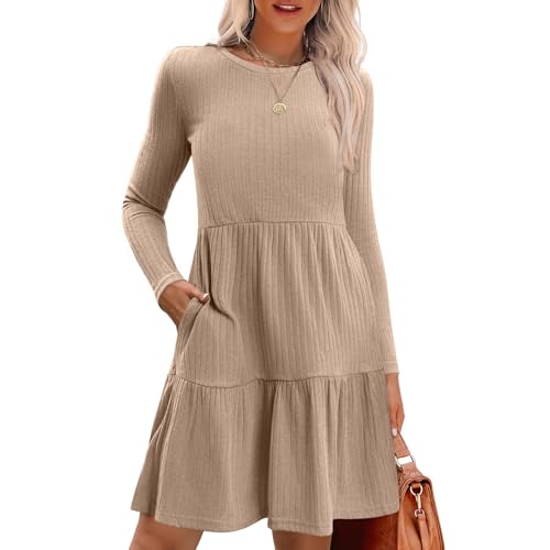 BAWUTZ Pulloverkleider für Damen im Herbst, figurbetontes Herbstkleid mit Rundhalsausschnitt und Langen Ärmeln, langärmliges Rundhalskleid aus geripptem Strick, lässiges knielanges Kleid (Khaki,XXL) von BAWUTZ