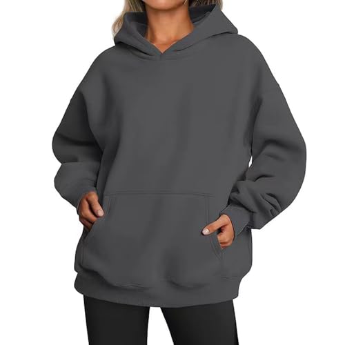 BAWUTZ Übergroße Hoodies für Damen, langärmliges, einfarbiges Basic-Oberteil, Trendiger Pullover mit Kapuze, Pullover-Sweatshirts mit Tasche, 2024 Herbst-Winter-Outfits mit Taschen (Dark Gray,XXL) von BAWUTZ