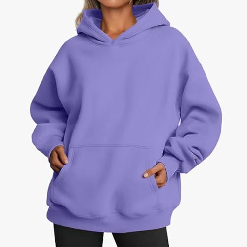 BAWUTZ Übergroße Hoodies für Damen, langärmliges, einfarbiges Basic-Oberteil, Trendiger Pullover mit Kapuze, Pullover-Sweatshirts mit Tasche, 2024 Herbst-Winter-Outfits mit Taschen (Light Purple,L) von BAWUTZ