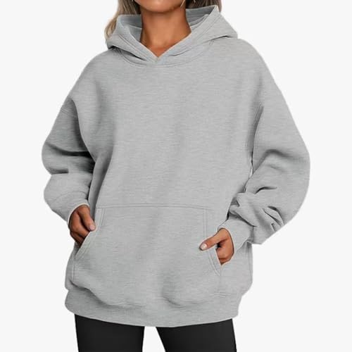 BAWUTZ Übergroße Hoodies für Damen, langärmliges, einfarbiges Basic-Oberteil, Trendiger Pullover mit Kapuze, Pullover-Sweatshirts mit Tasche, 2024 Herbst-Winter-Outfits mit Taschen (Light Gray,XXL) von BAWUTZ