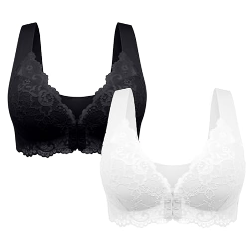 BHS für Damen, sexy Spitzenunterwäsche, Nahtloser Push-Up-BH mit Frontverschluss. Nahtlose BHS mit Frontverschluss in Übergröße für Damen, bequemer, bügelloser Spitzen-Schlaf-BH (B+W,4XL) von BAWUTZ