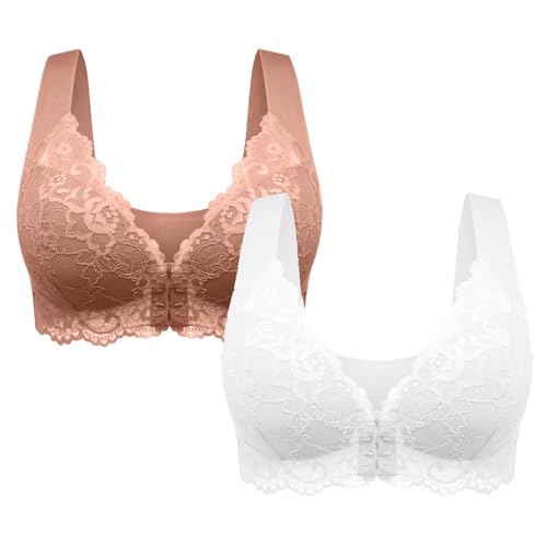 BHS für Damen, sexy Spitzenunterwäsche, Nahtloser Push-Up-BH mit Frontverschluss. Nahtlose BHS mit Frontverschluss in Übergröße für Damen, bequemer, bügelloser Spitzen-Schlaf-BH (W+C,5XL) von BAWUTZ