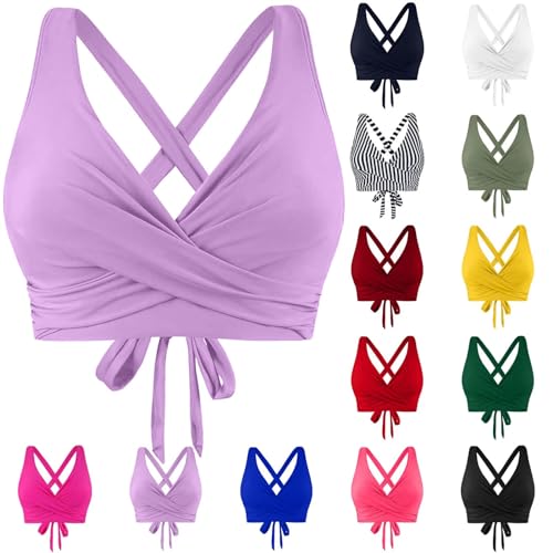 BAWUTZ Bikini BH Dame Bademoden Bikinioberteil Brüste Damen Push up Bikini Top,Bikini Top Rückenfrei Verstellbar Ties-up Bikinioberteil, Rückenfrei Bikinioberteil mit Polster ohne Bügel (Lila,M) von BAWUTZ