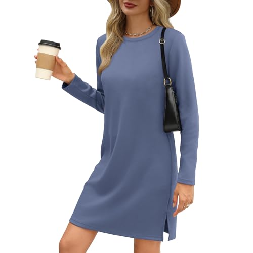 Herbstkleider für Damen, leichtes Reise-/Flughafen-Outfit, langärmliges Kleid, lässiges langärmliges Kleid, Trendige Herbstmode, gemütliche Reise-/Flughafen-Outfits (Blue,XL) von BAWUTZ