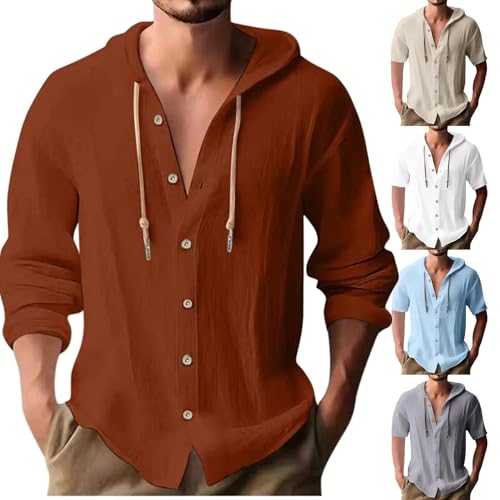 Herren Langarm Leinen Hemden, Sommer Knopf Up Hawaii Hemden, Kapuze V Ausschnitt Knopf Up Hoodies, Langarm Kapuzenpullover, Casual Urlaub Hawaiian Beach Yoga Hippie Hemden (Brick Red,3XL) von BAWUTZ