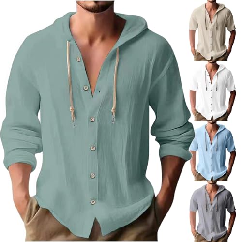 Herren Langarm Leinen Hemden, Sommer Knopf Up Hawaii Hemden, Kapuze V Ausschnitt Knopf Up Hoodies, Langarm Kapuzenpullover, Casual Urlaub Hawaiian Beach Yoga Hippie Hemden (Gray Blue,L) von BAWUTZ