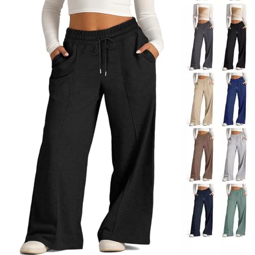 Lässige Baggy-Hose mit Kordelzug und hoher Taille für Damen, Jogginghose mit weitem Bein für Damen,lockere Hose mit Taschen, Übergröße, Schlaghose mit Kordelzug (Black,M) von BAWUTZ