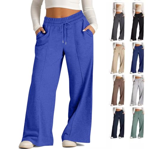 Lässige Baggy-Hose mit Kordelzug und hoher Taille für Damen, Jogginghose mit weitem Bein für Damen,lockere Hose mit Taschen, Übergröße, Schlaghose mit Kordelzug (Blue,XL) von BAWUTZ