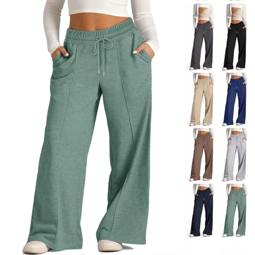 Lässige Baggy-Hose mit Kordelzug und hoher Taille für Damen, Jogginghose mit weitem Bein für Damen,lockere Hose mit Taschen, Übergröße, Schlaghose mit Kordelzug (Green,L) von BAWUTZ