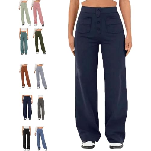 Lässige Stretchhose mit hoher Taille für Damen, hohe Taille gerades Bein Hose mit Taschen,lässige Stretch-Hose, superelastische Hose mit hoher Taille,Hose mit geradem Bein für Damen (Navy blau,M) von BAWUTZ