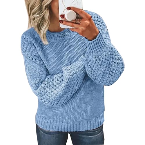 Langärmliger Rundhalspullover mit Zopfmuster, Trendiger, lässiger Pullover mit Rundhalsausschnitt und Langen Ärmeln, Zopfmuster, Pullover, Trendiger Rundhalspullover mit Langen Ärmeln (Sky Blue,M) von BAWUTZ