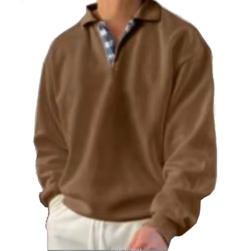 Langärmliges, lockeres Sweatshirt mit V-Ausschnitt und Knöpfen für Herren, langärmlige Poloshirts für Herren, lässiger Pullover aus Baumwolle mit V-Ausschnitt und lockerer Passform (Brown,L) von BAWUTZ