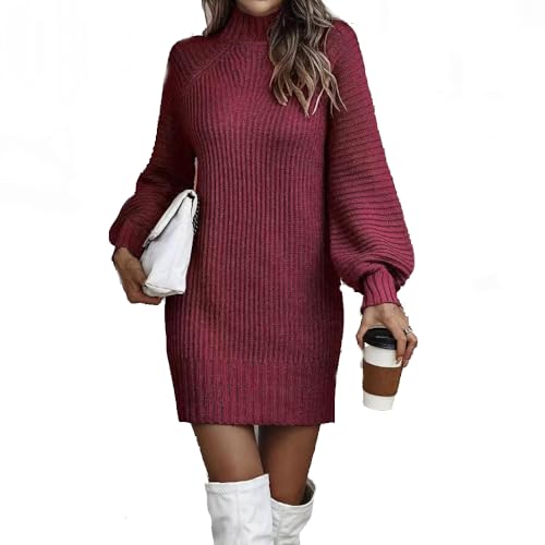 Langärmliges Pulloverkleid für Damen, Rollkragenpulloverkleid für Damen, gerippte Kleider mit Rollkragen für Damen, Rollkragenpullover aus Strick für den Herbst, lockere Minikleider (Claret,XXL) von BAWUTZ