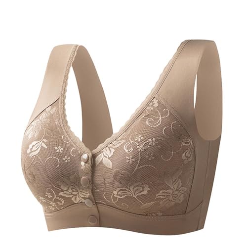 Spitzen-BHS mit Frontverschluss für Damen, Push-Up-BHS für Damen, Trendige Bralettes mit Frontverschluss für den Alltag, Bequeme BHS mit voller Abdeckung, Unterwäsche mit Knopfleiste vorne (Khaki,XL) von BAWUTZ