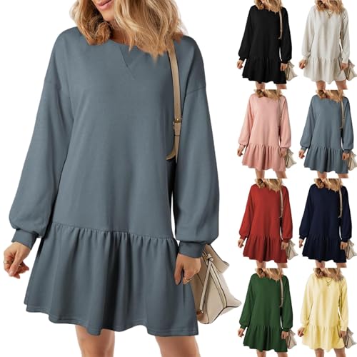 Sweatshirtkleid für Damen, langärmeliges Pullover-Oberteil, Rippstrick-Patchwork-Kleid, Mini-Plissee-Pulloverkleid, Oberteile, fließende Rüschen-Sweatshirt-Minikleider (Blue,M) von BAWUTZ