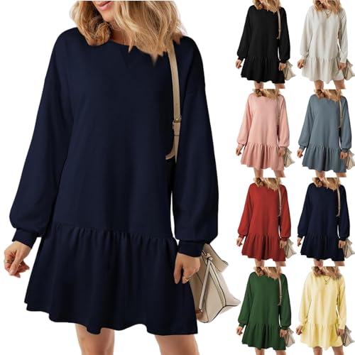 Sweatshirtkleid für Damen, langärmeliges Pullover-Oberteil, Rippstrick-Patchwork-Kleid, Mini-Plissee-Pulloverkleid, Oberteile, fließende Rüschen-Sweatshirt-Minikleider (Navy Blue,M) von BAWUTZ