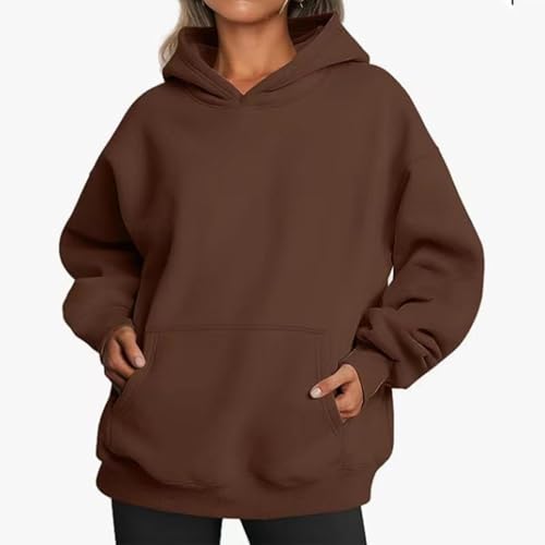 Übergroße Hoodies für Damen, langärmliges, einfarbiges Basic-Oberteil, Trendiger Pullover mit Kapuze, Pullover-Sweatshirts mit Tasche, 2024 Herbst-Winter-Outfits mit Taschen (Brown,M) von BAWUTZ