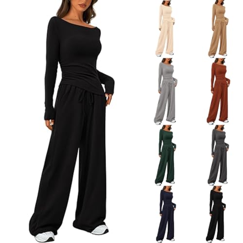 Women's 2 Piece Lounge Sets, Asymmetrical Long Sleeve T Shirt Wide Leg Pants Casual Outfits Tracksuit, Elegant Long Sleeve Top Slim Fit Two Piece (Black,L) von BAWUTZ