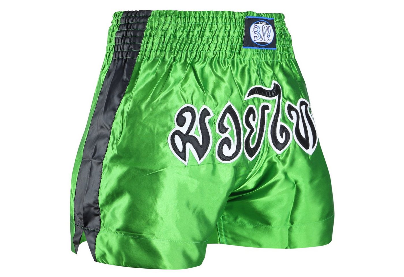 BAY-Sports Sporthose Muay Thai Kick Hose Shorts Thaiboxhose Thaiboxen MMA kurz Kickboxen (aufgenähter Schriftzug) kurze Hose, traditionell schwarz grün von BAY-Sports