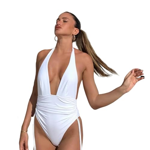BAYAJIAZ Bikini Hohe Taille Bademode Frauen Einteiliger Badeanzug V-Ausschnitt Push Up Badeanzug Halter Kordelzug Bikinis-weiß-l von BAYAJIAZ