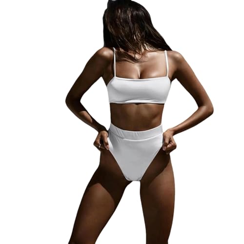 BAYAJIAZ Bikini Hohe Taille Bauchkontrolle Zweiteilige Badeanzug Frauen Bikini Set Badebekleidung Mujer Tankini Set-weiß-l von BAYAJIAZ