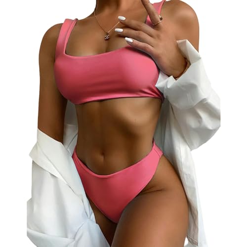 BAYAJIAZ Bikini Mode Frauen Hohe Taille Reine Farbe Push-up Gepolstert Badeanzug Strandkleidung Zweitschnitte Bikini-rot-s von BAYAJIAZ