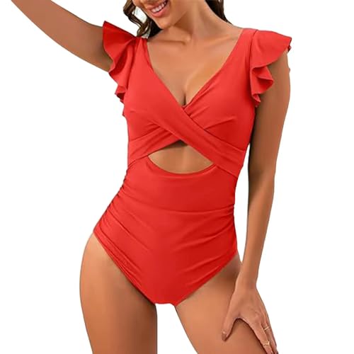 BAYAJIAZ Bikini Spleißen Gekräuselte Rüschen Frauen Badebekleidung Einköpfig Badeanzug Weiblich V-Ausschnitt Mit V-Ausschnitt-rot-XL von BAYAJIAZ
