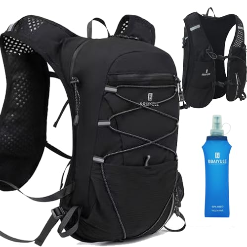 Laufrucksack Trinkrucksack Trail Rucksack Trinkweste, Hydration Pack Fahrradrucksack für Laufen, Camping, Wandern, Marathoner mit 500ML Softflasks Wasserflasche (Schwarz mit 500ml Flasche) von BBAIYULE