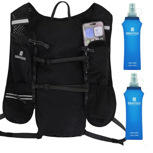 Laufweste für Damen und Herren, Trinkrucksack mit 2 Weichflaschen à 470 ml, Reflektierend, Handyhalterung, Leicht Laufweste für Damen und Herren, Trinkrucksack mit 2 Weichflaschen à 470 ml, Reflektierend, Handyhalterung, Leicht von BBAIYULE