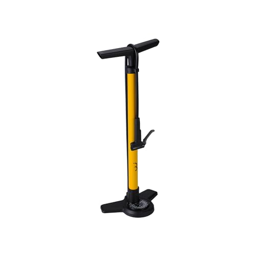 BBB Cycling AirBoost 2.0 Fahrradpumpe mit Druckanzeige | Starke und präzise Standpumpe | Kompatibel mit Presta, Schrader und Dunlop | 90 cm Hochdruckschlauch aus Gummi | Gelb | BFP-28 von BBB