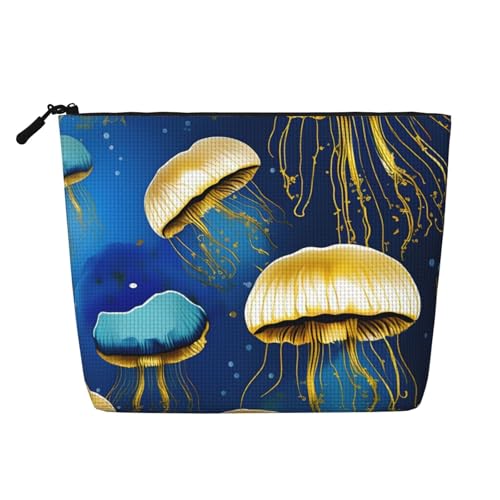 BBEXJIGY Make-up-Tasche mit Quallen-Druck, einlagig, Leinenähnlich, stilvoll, praktisch, Organizer für Kosmetik, Blau und Gold, Schwarz, Einheitsgröße von BBEXJIGY