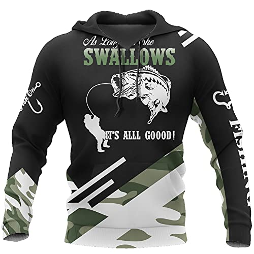 BBYOUTH 3D Bassfischen Hoodies Für Männer Langärmligen Tierkunst Fisch Hobbies Dame Kordelzug Herbst Frühling Pullover Mit Känguru-Tasche,Swallows camo,M von BBYOUTH