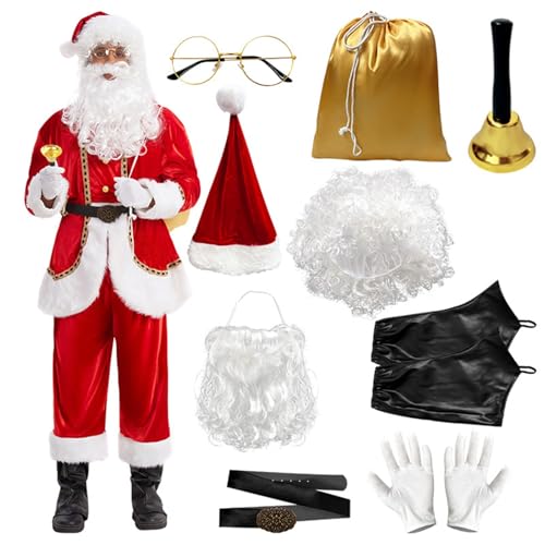 11-Teiliges Weihnachtsset Deluxe-Weihnachtsmannkostüm Für Erwachsene Männer, Bestehend Aus Kleidung, Bart Und Perücke, Mütze, Warmem, Bequemem Weihnachtsmann-Outfit A,XXL von BDBRHFG