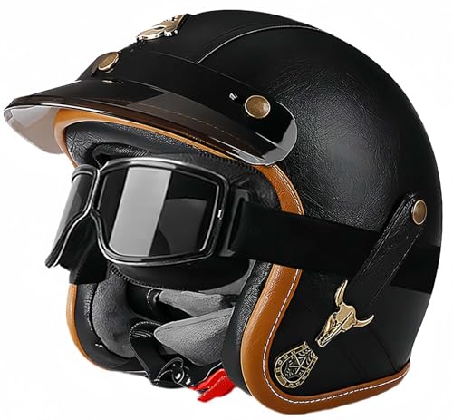 3/4 Vintage-Helm, Retro-Motorradhelm, Erwachsenenhelm, Halbhelm, ECE-Geprüfter Vintage-Helm Für Damen Und Herren, Mit Offener Schutzbrille, Moped-Helm A,M54-56CM von BDBRHFG