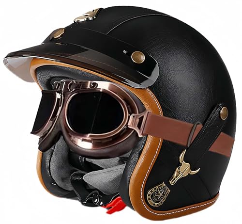 3/4 Vintage-Helm, Retro-Motorradhelm, Erwachsenenhelm, Halbhelm, ECE-Geprüfter Vintage-Helm Für Damen Und Herren, Mit Offener Schutzbrille, Moped-Helm E,L57-60CM von BDBRHFG