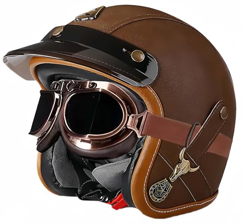 3/4 Vintage-Helm, Retro-Motorradhelm, Erwachsenenhelm, Halbhelm, ECE-Geprüfter Vintage-Helm Für Damen Und Herren, Mit Offener Schutzbrille, Moped-Helm F,XL61-62CM von BDBRHFG