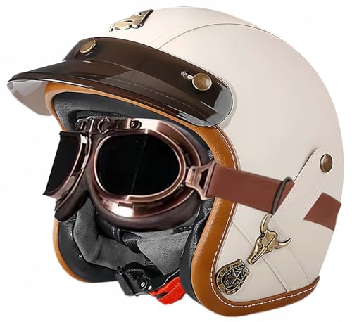 3/4 Vintage-Helm, Retro-Motorradhelm, Erwachsenenhelm, Halbhelm, ECE-Geprüfter Vintage-Helm Für Damen Und Herren, Mit Offener Schutzbrille, Moped-Helm H,L57-60CM von BDBRHFG